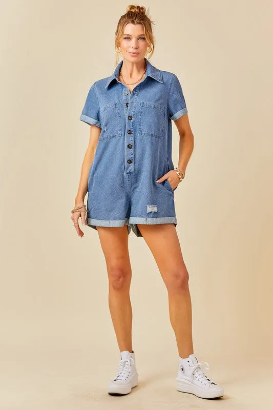 Denim Blue Button Front Distressed Denim Romper