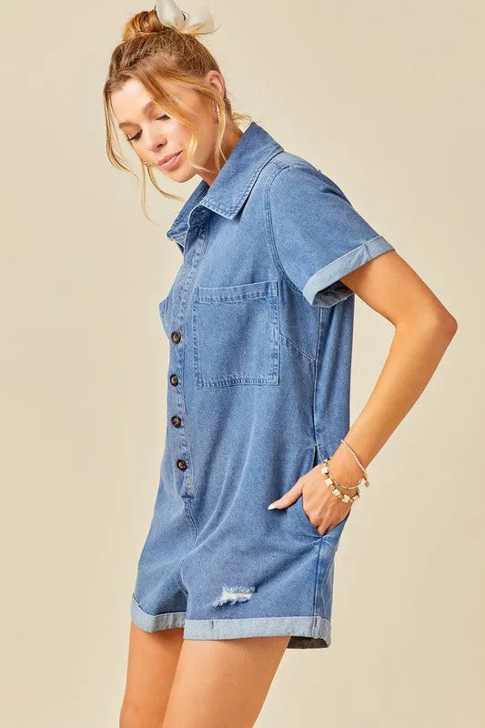 Denim Blue Button Front Distressed Denim Romper