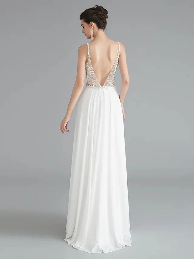 Evening Gown Empire Dress Engagement Floor Length Sleeveless V Neck Chiffon V Back with Beading