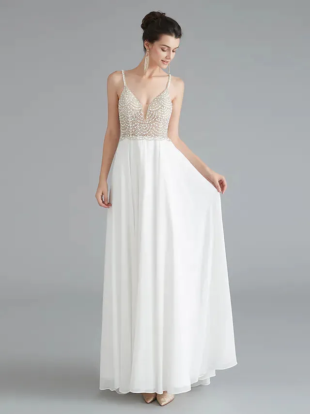 Evening Gown Empire Dress Engagement Floor Length Sleeveless V Neck Chiffon V Back with Beading