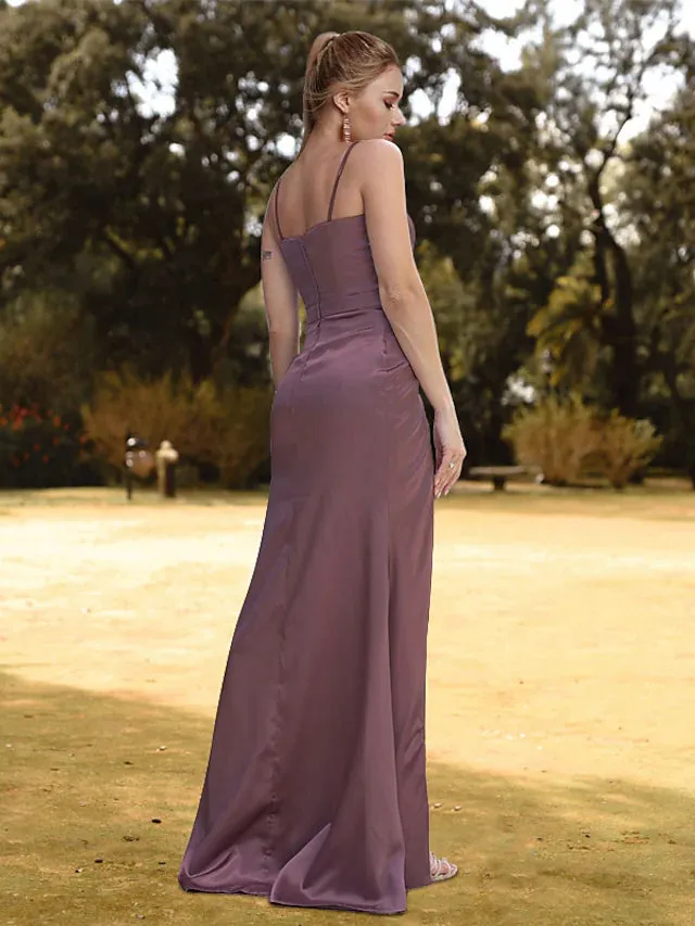 Evening Gown Minimalist Dress Prom Floor Length Sleeveless V Neck Charmeuse with Slit Pure Color