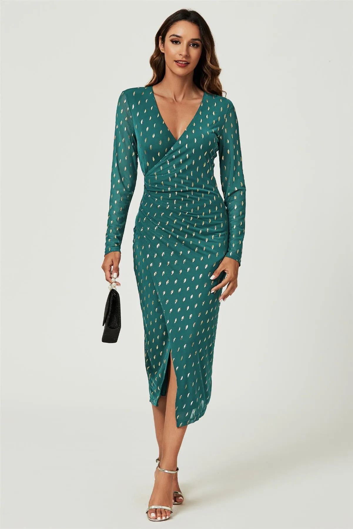 Foil Mesh Long Sleeve Midi Dress In Green