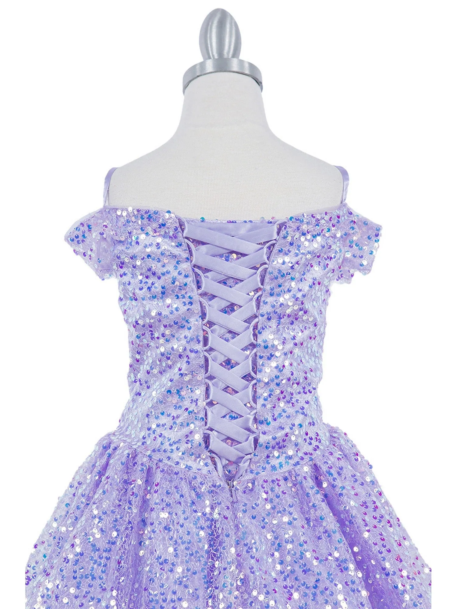Girls Lilac Rainbow Sequin Off Shoulder Short Party Dress, Size 8