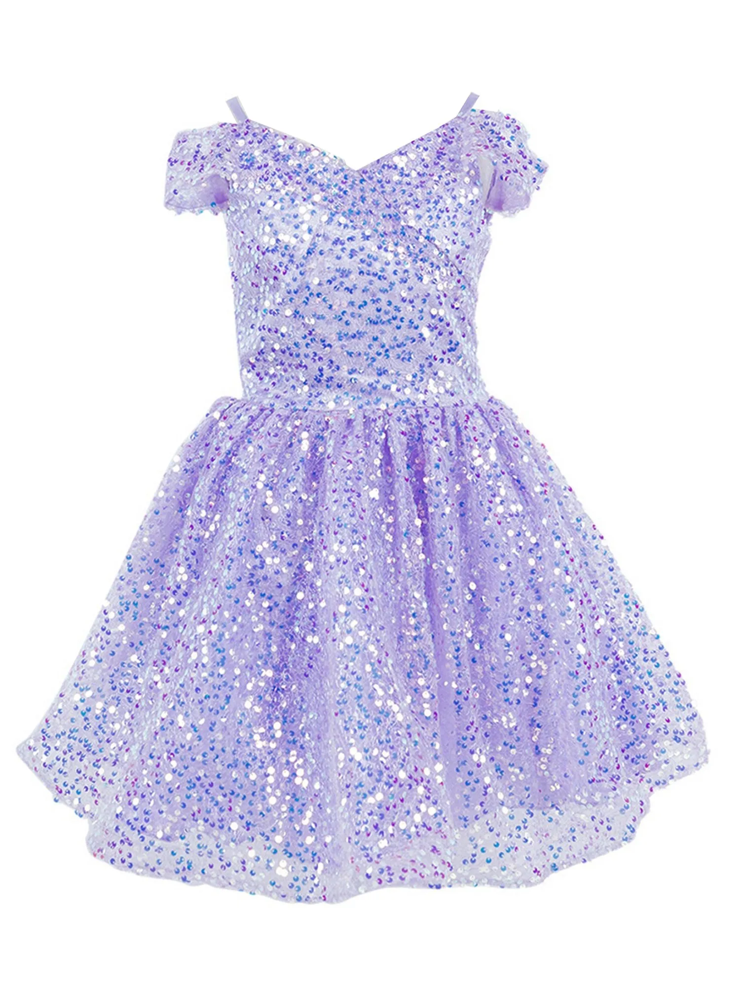 Girls Lilac Rainbow Sequin Off Shoulder Short Party Dress, Size 8