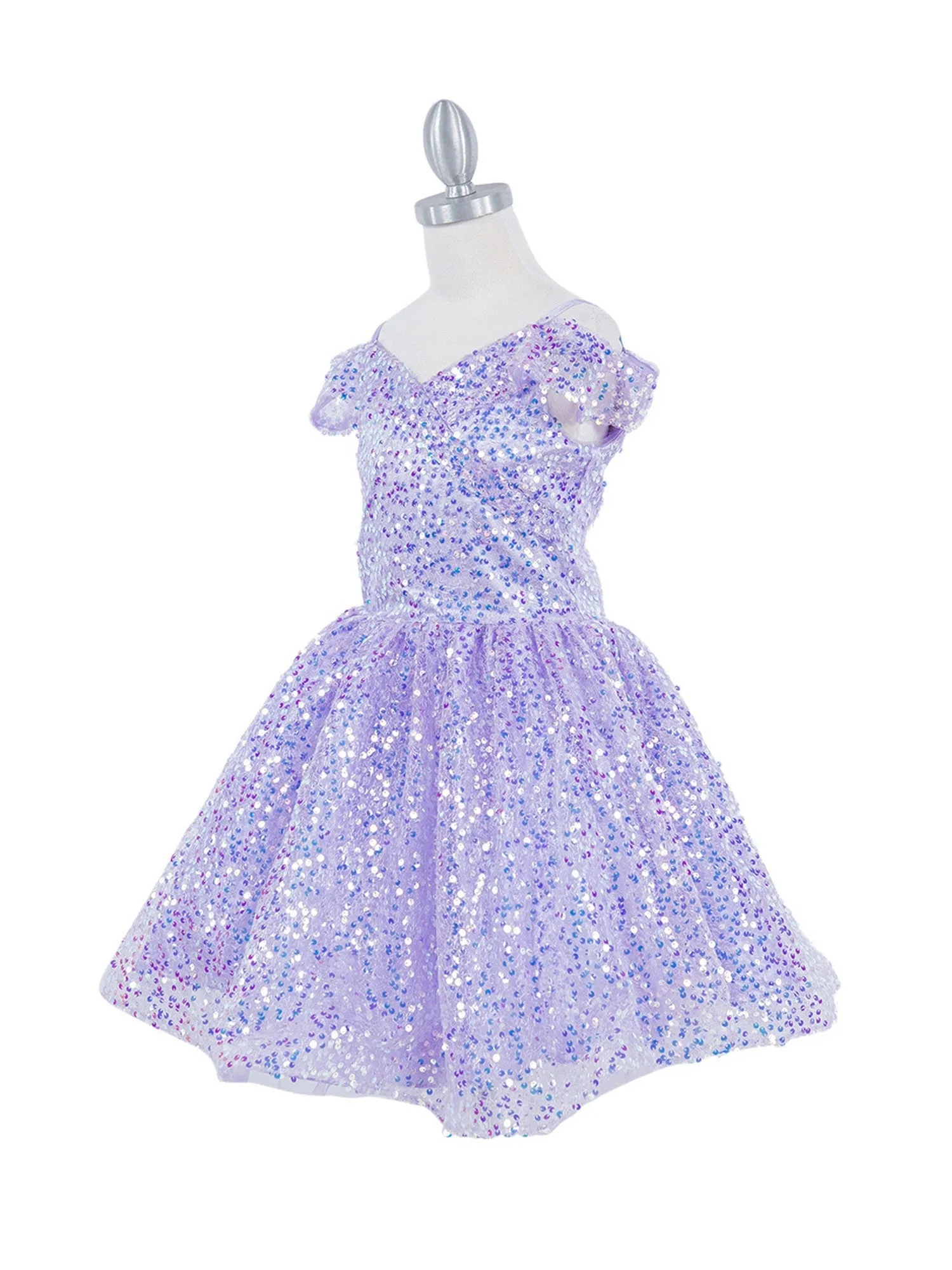 Girls Lilac Rainbow Sequin Off Shoulder Short Party Dress, Size 8