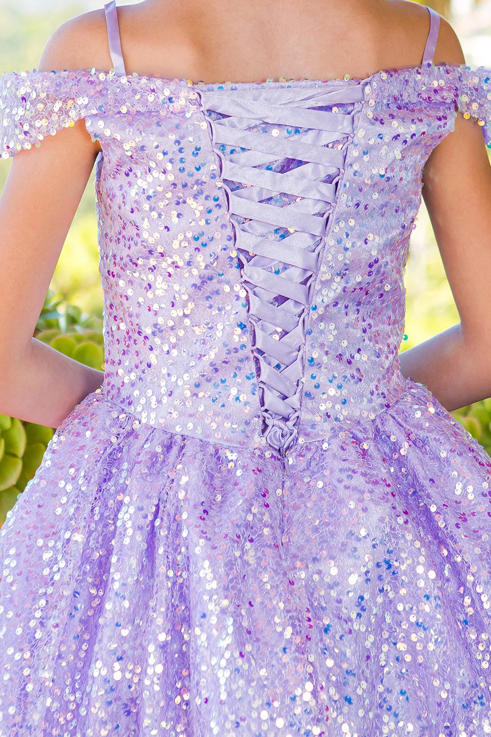 Girls Lilac Rainbow Sequin Off Shoulder Short Party Dress, Size 8