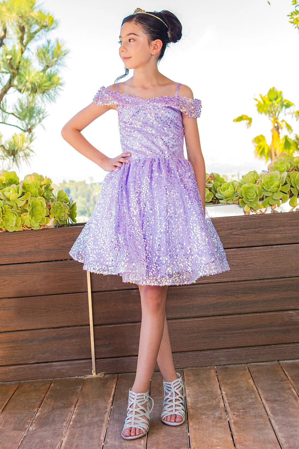Girls Lilac Rainbow Sequin Off Shoulder Short Party Dress, Size 8