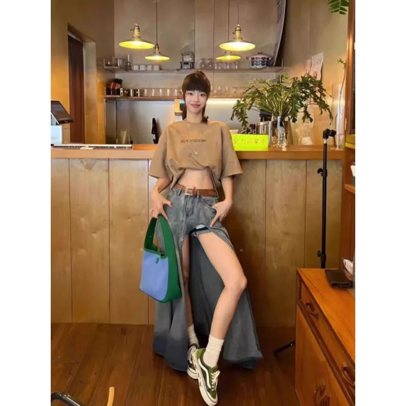 Gradient High Waist Slit Denim Skirt
