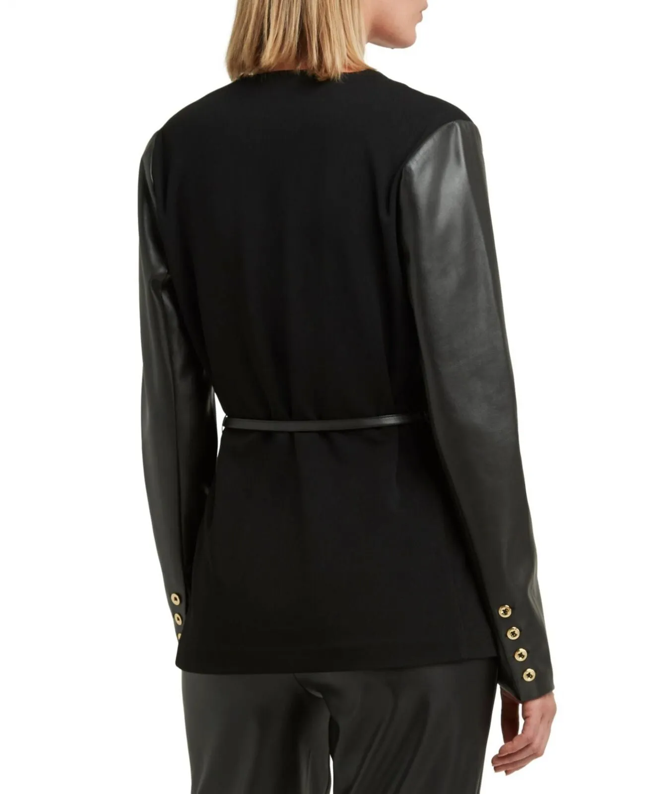 H Halston Womens Collarless Faux-Leather-Sleeve Belted Blazer Jacket HHWF2270001