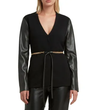 H Halston Womens Collarless Faux-Leather-Sleeve Belted Blazer Jacket HHWF2270001