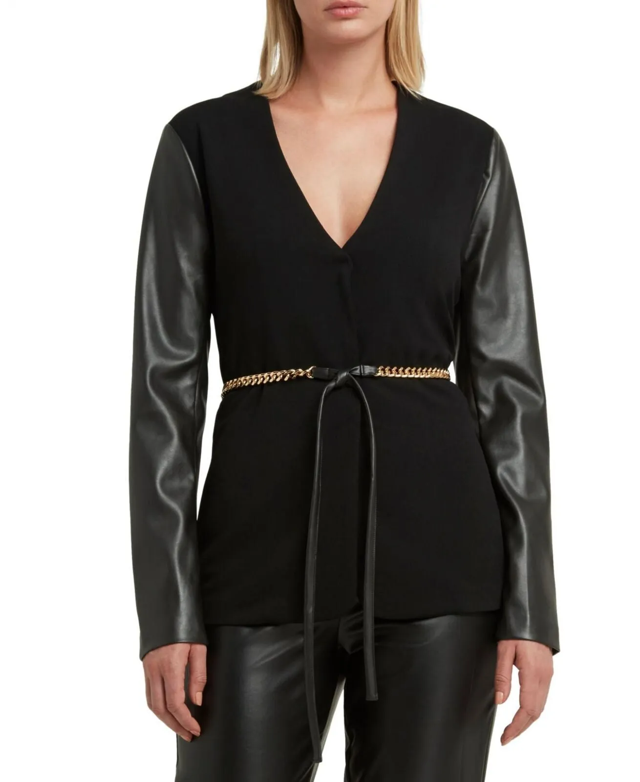 H Halston Womens Collarless Faux-Leather-Sleeve Belted Blazer Jacket HHWF2270001