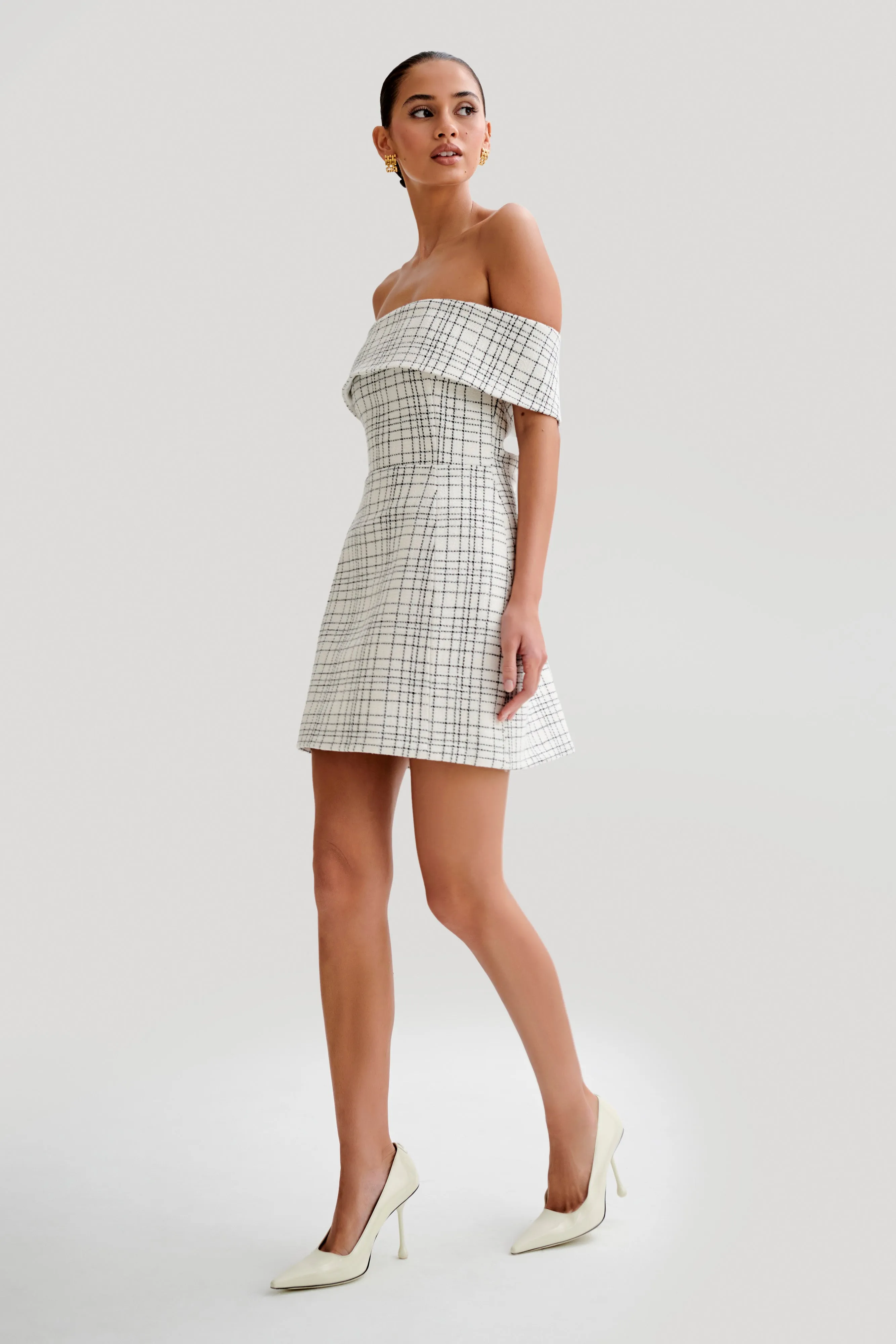 Helena Tweed Off Shoulder Mini Dress - White Check