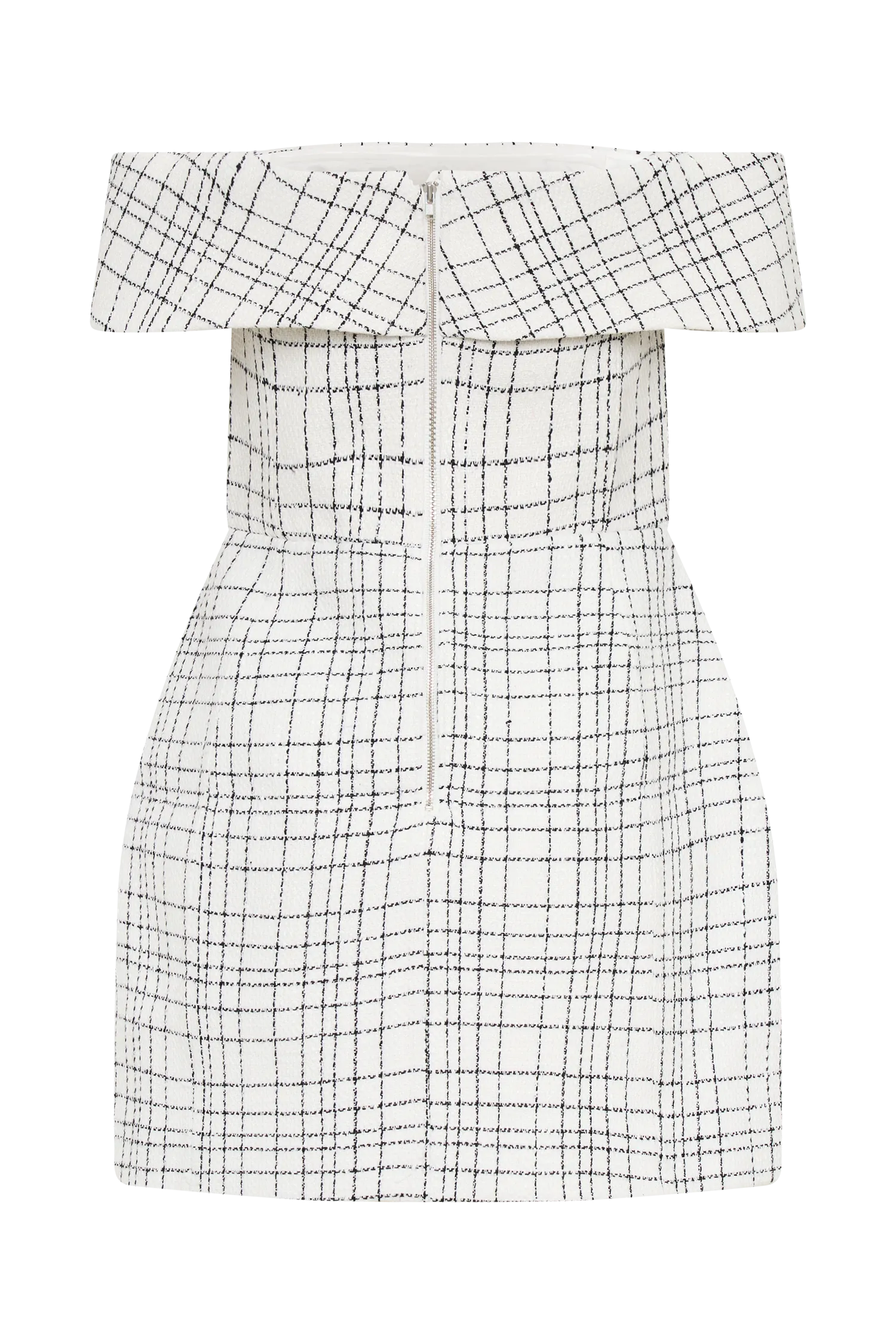 Helena Tweed Off Shoulder Mini Dress - White Check