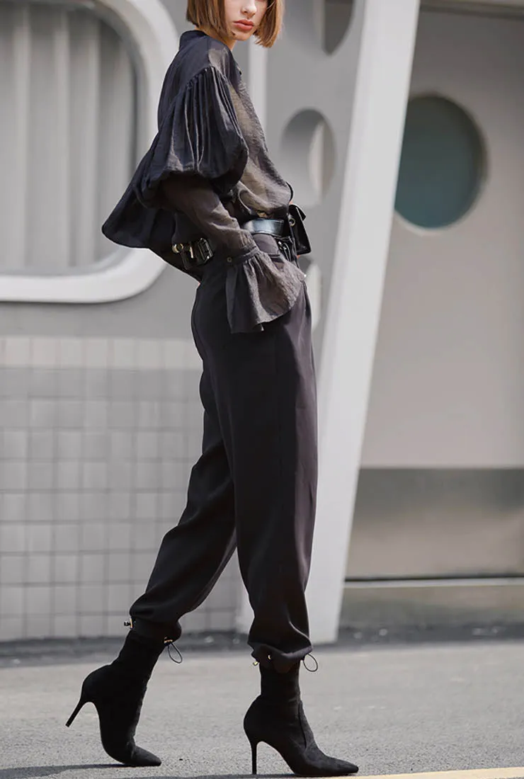 High Rise Ankle Drawstring Wide Leg Pants