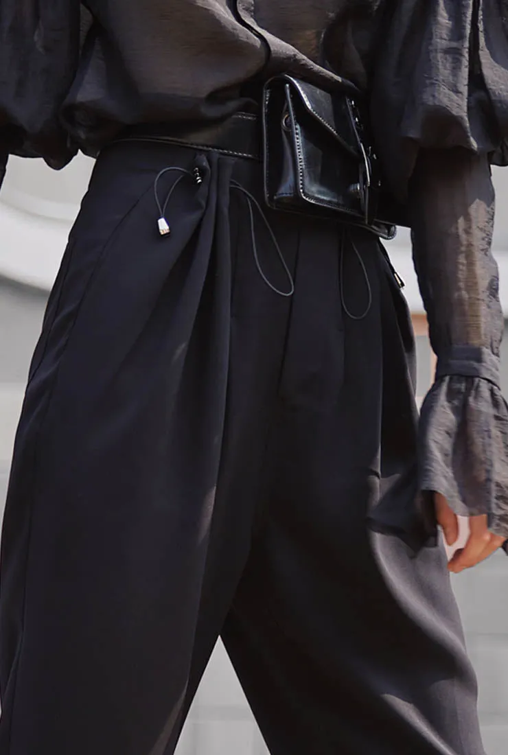 High Rise Ankle Drawstring Wide Leg Pants
