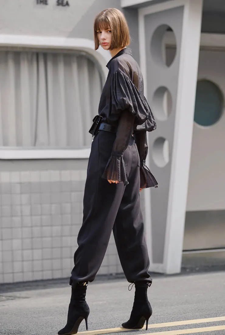 High Rise Ankle Drawstring Wide Leg Pants