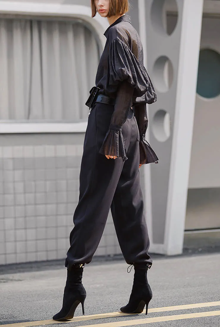 High Rise Ankle Drawstring Wide Leg Pants