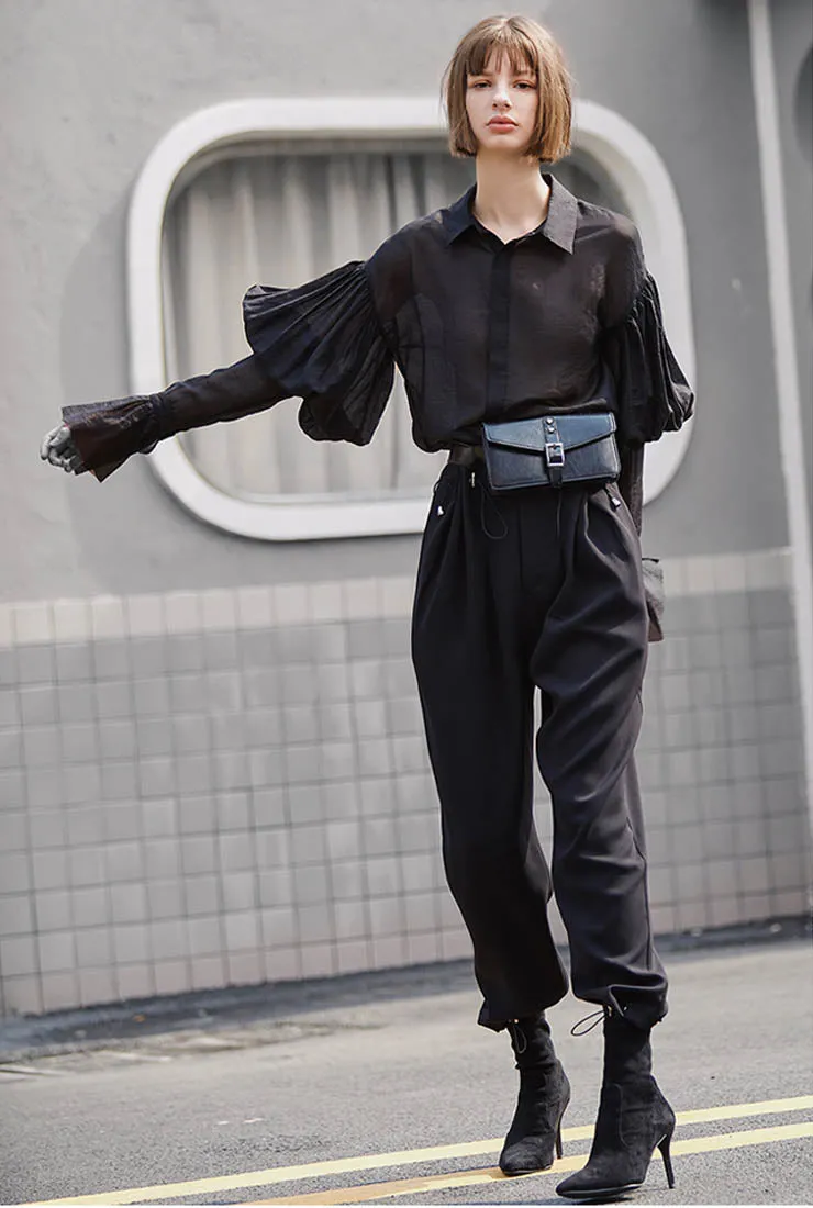 High Rise Ankle Drawstring Wide Leg Pants