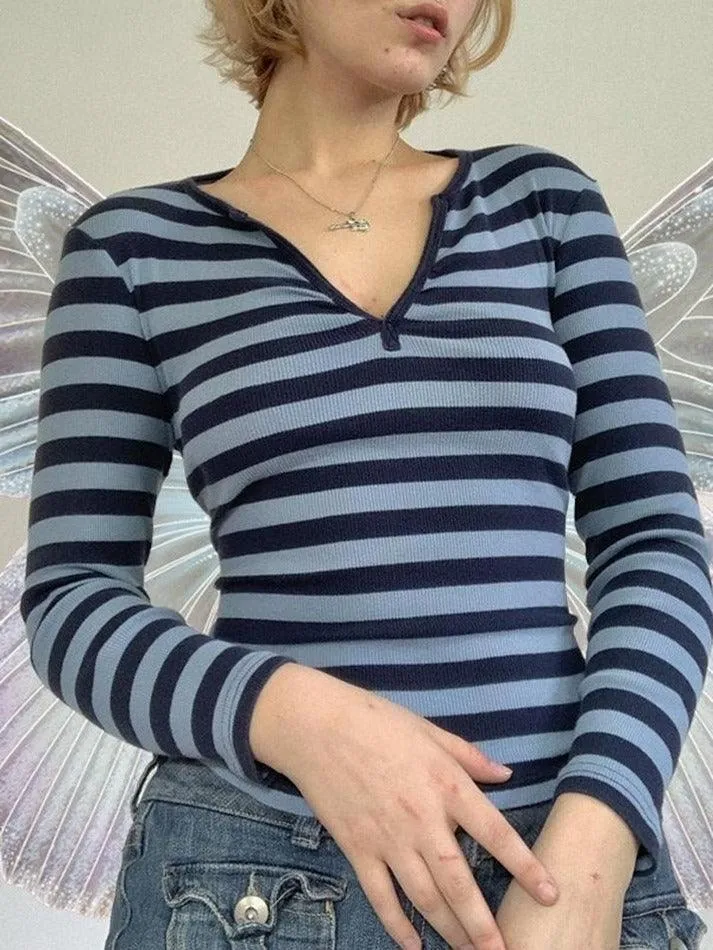 Joskaa Striped V Neck Long Sleeve Tee