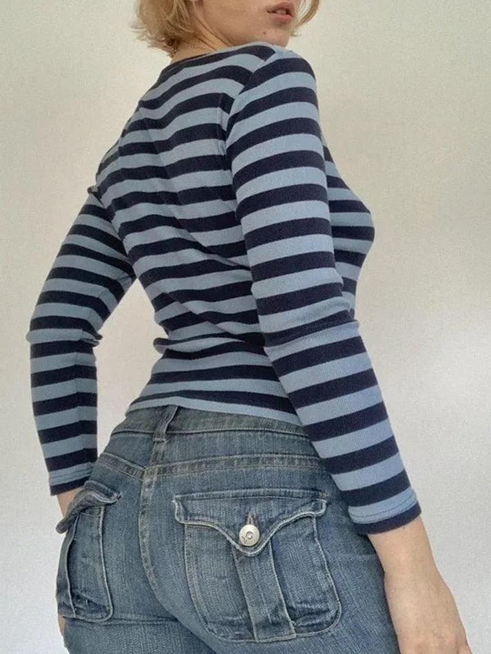 Joskaa Striped V Neck Long Sleeve Tee