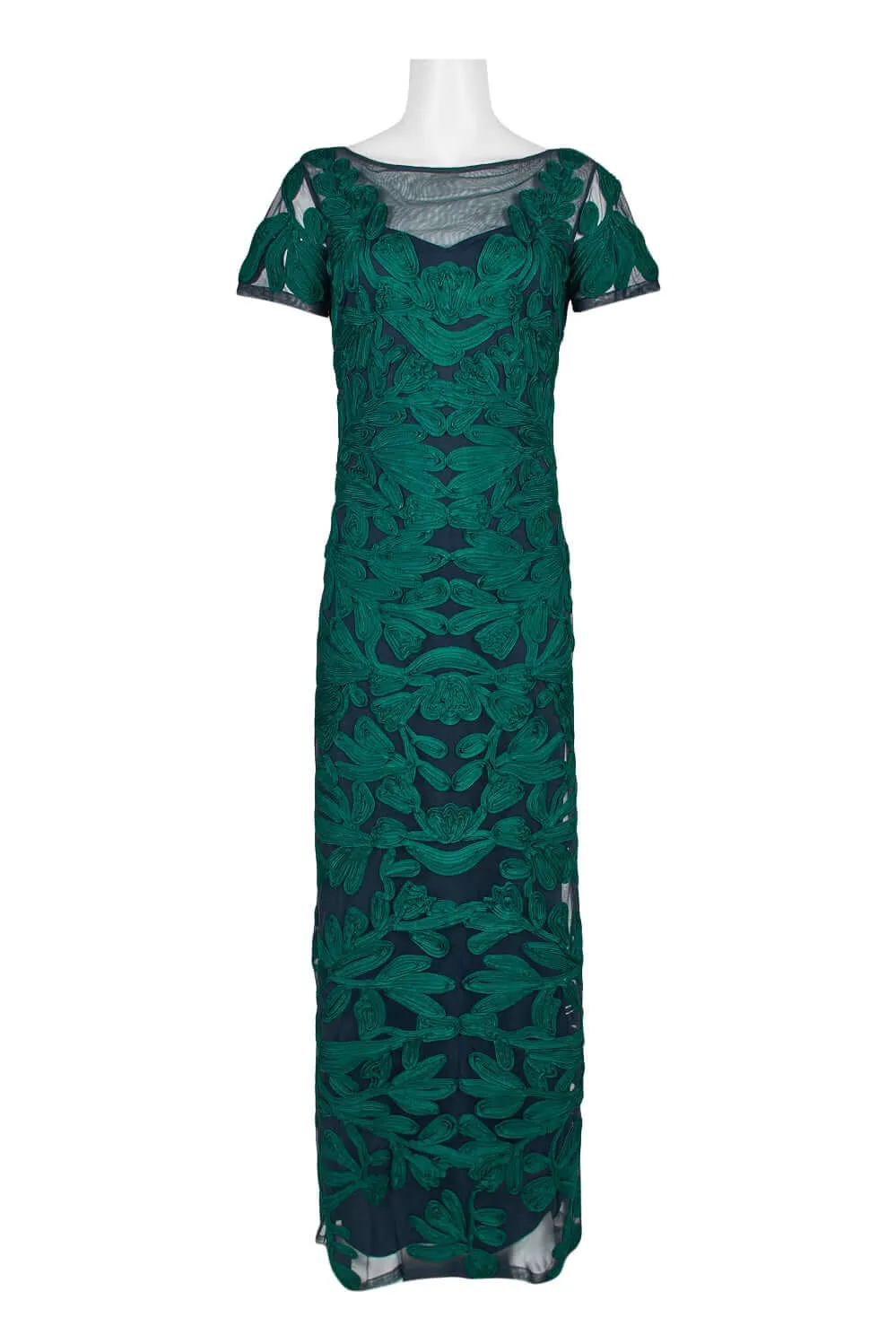 JS Collections Boat Neck Short Sleeve Zipper Slit Back Embellished Soutache Mesh Gown