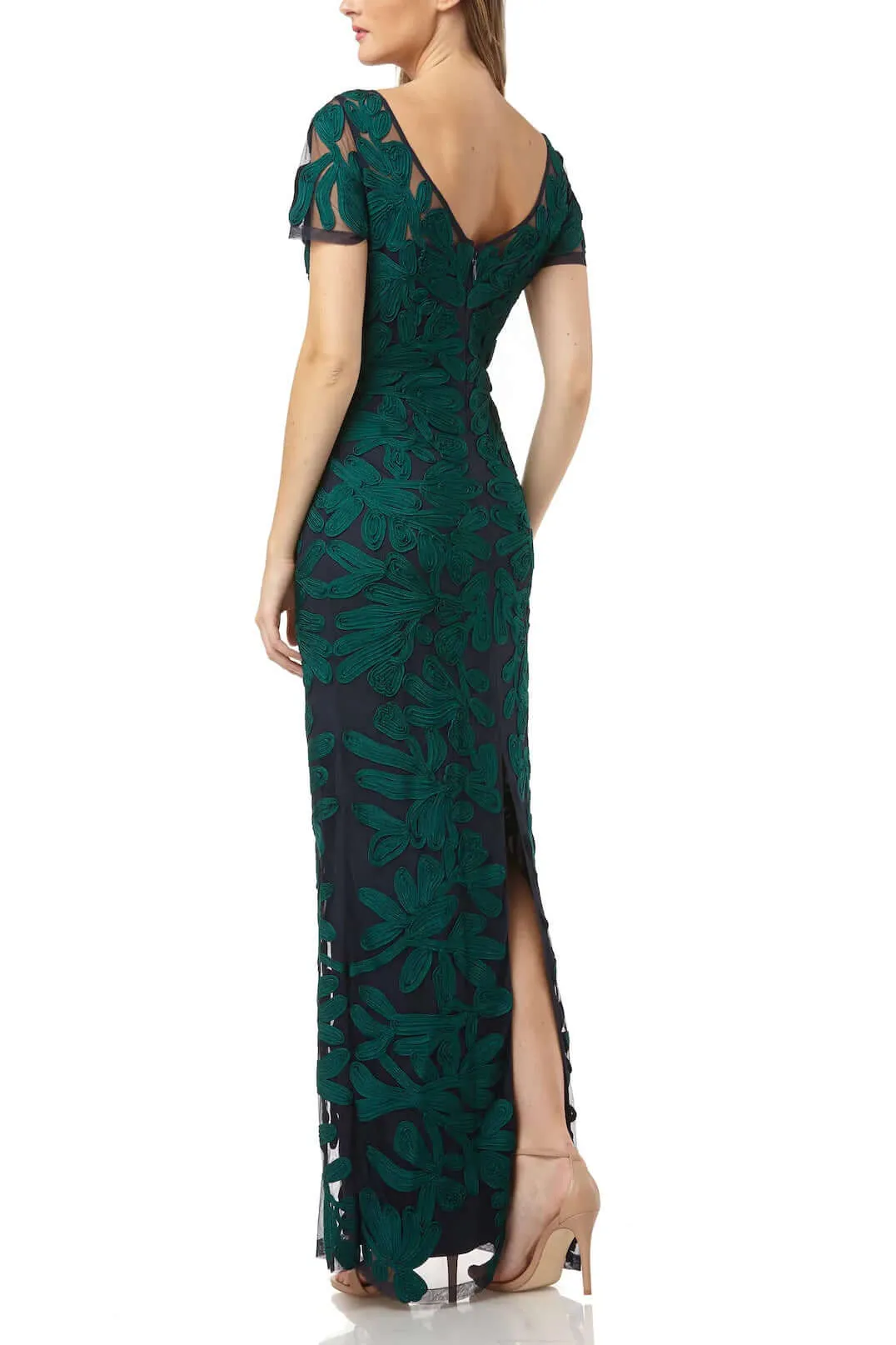 JS Collections Boat Neck Short Sleeve Zipper Slit Back Embellished Soutache Mesh Gown