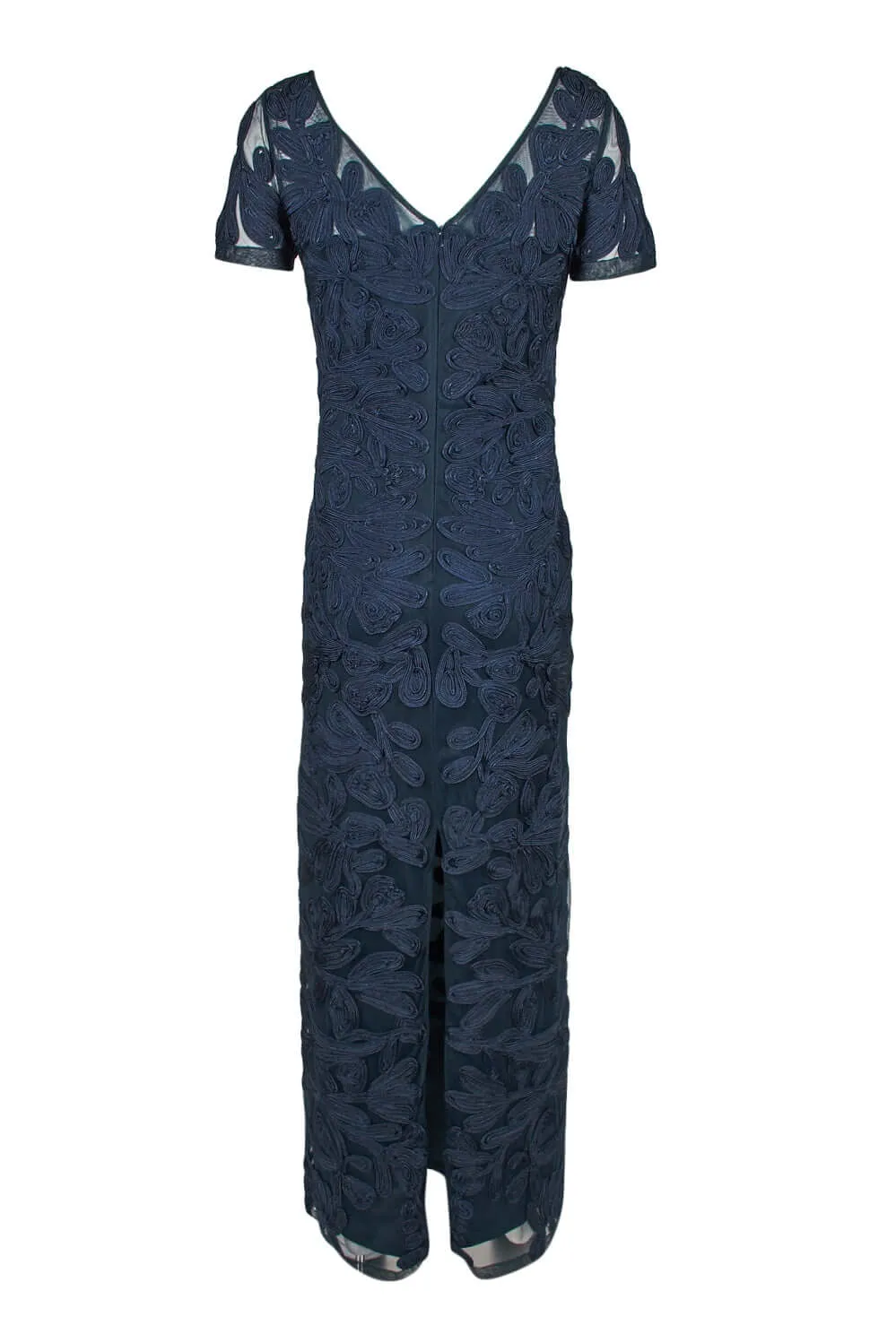 JS Collections Boat Neck Short Sleeve Zipper Slit Back Embellished Soutache Mesh Gown