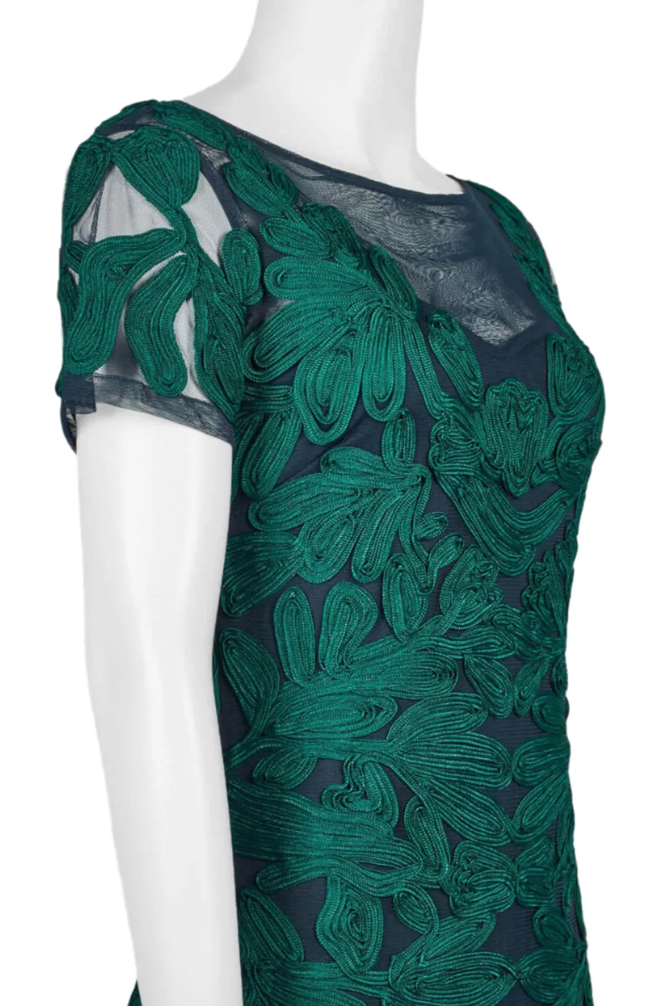 JS Collections Boat Neck Short Sleeve Zipper Slit Back Embellished Soutache Mesh Gown