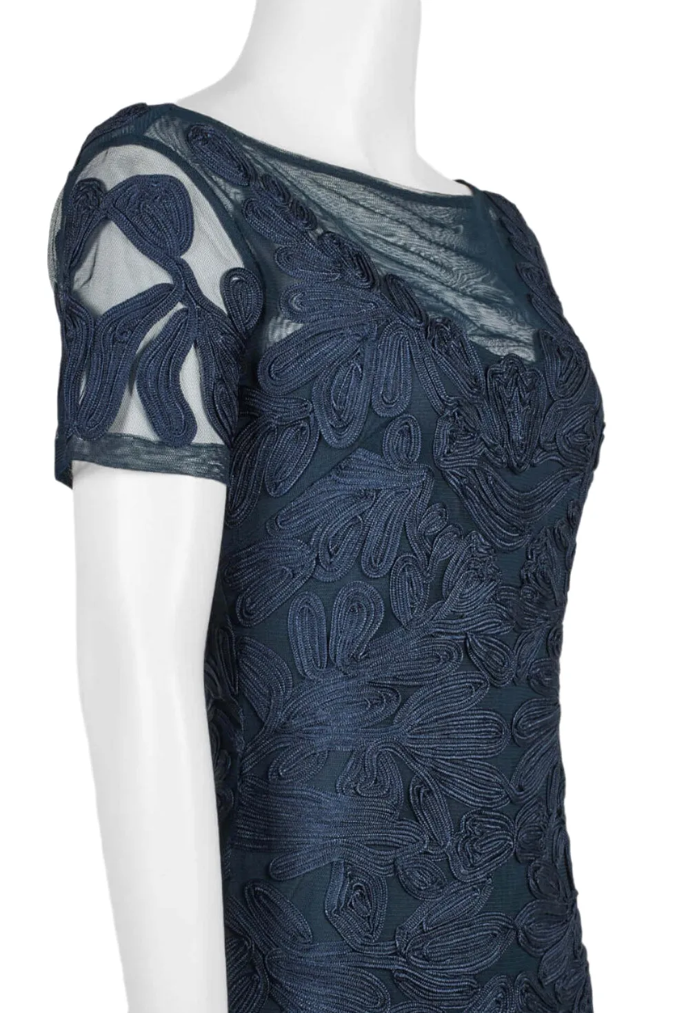 JS Collections Boat Neck Short Sleeve Zipper Slit Back Embellished Soutache Mesh Gown