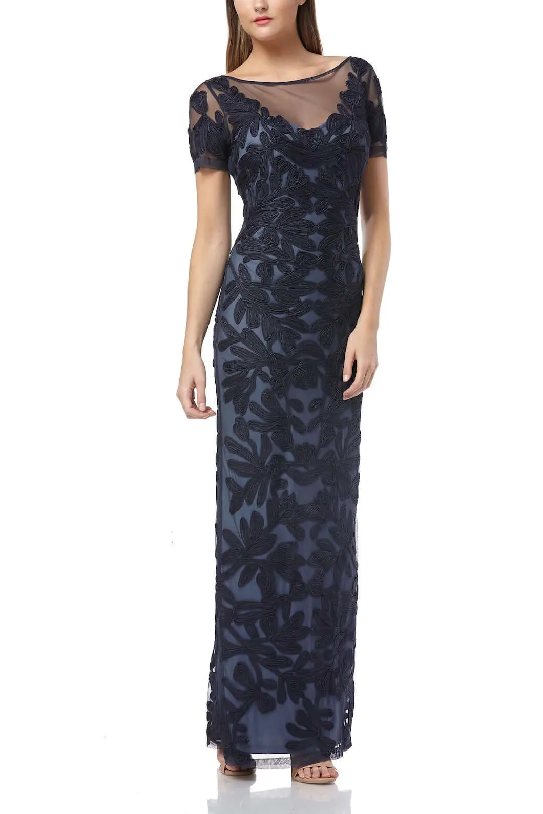 JS Collections Boat Neck Short Sleeve Zipper Slit Back Embellished Soutache Mesh Gown