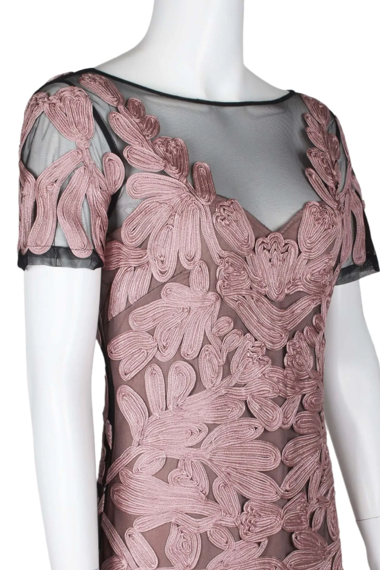 JS Collections Boat Neck Short Sleeve Zipper Slit Back Embellished Soutache Mesh Gown
