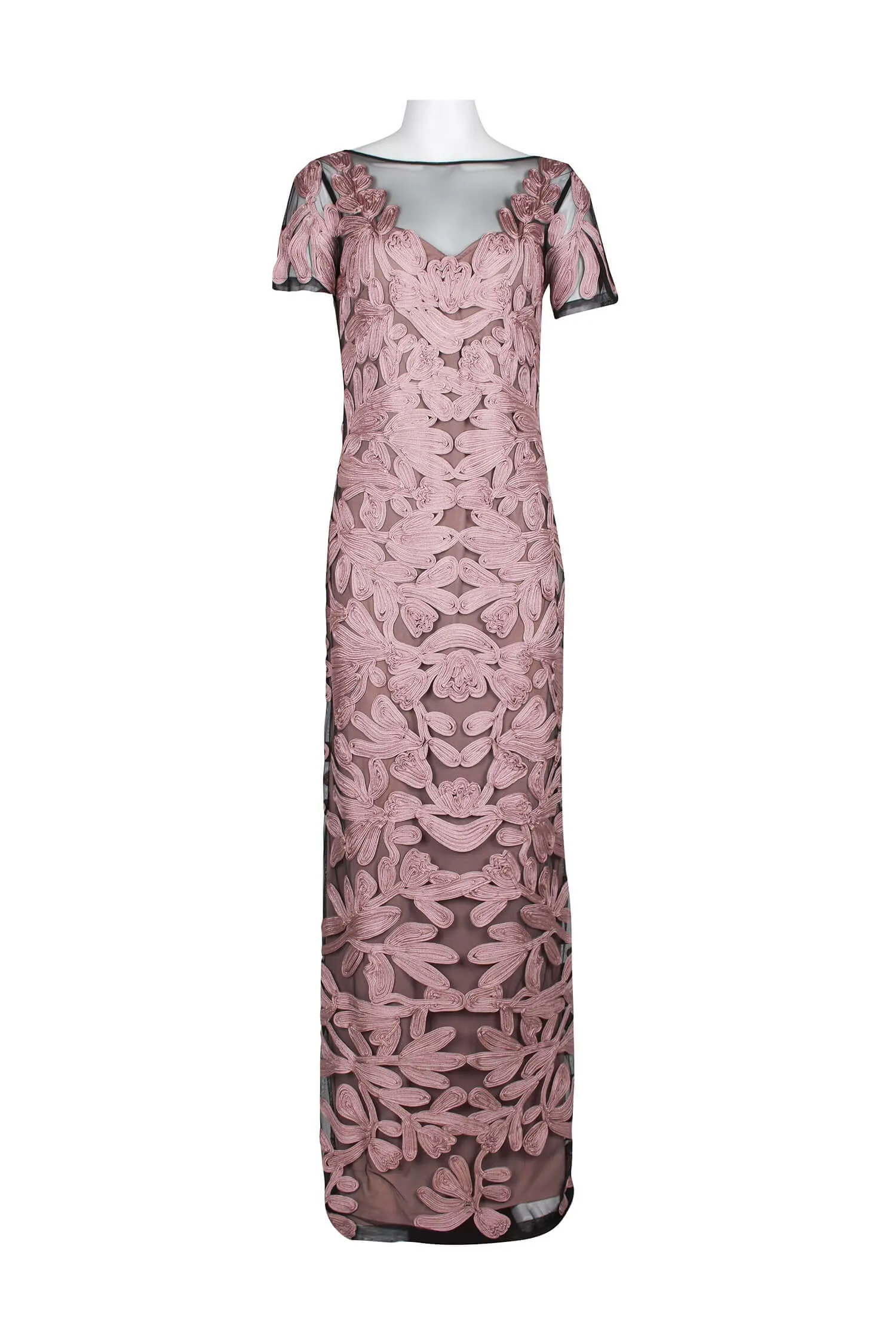 JS Collections Boat Neck Short Sleeve Zipper Slit Back Embellished Soutache Mesh Gown