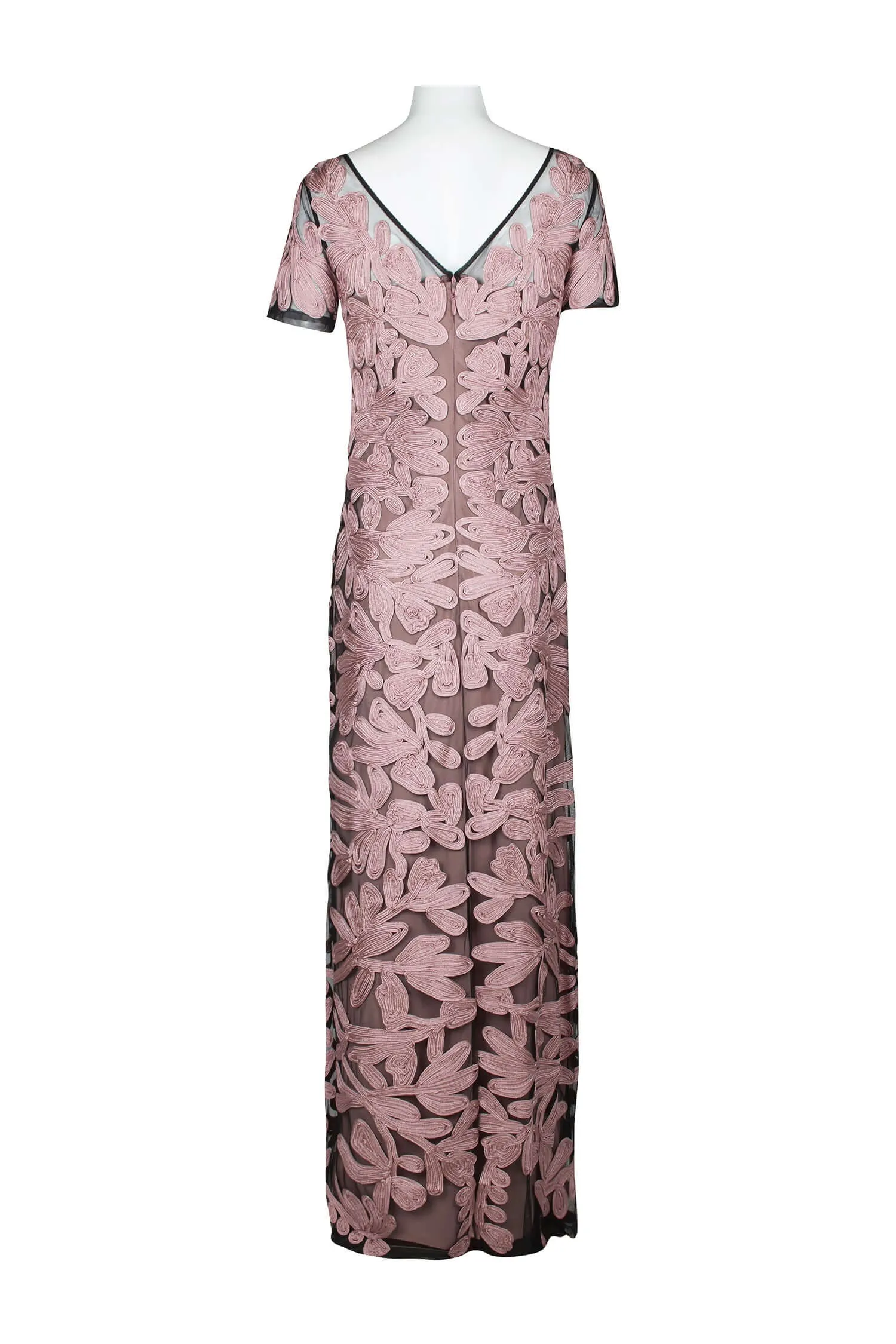 JS Collections Boat Neck Short Sleeve Zipper Slit Back Embellished Soutache Mesh Gown