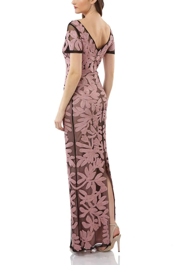 JS Collections Boat Neck Short Sleeve Zipper Slit Back Embellished Soutache Mesh Gown