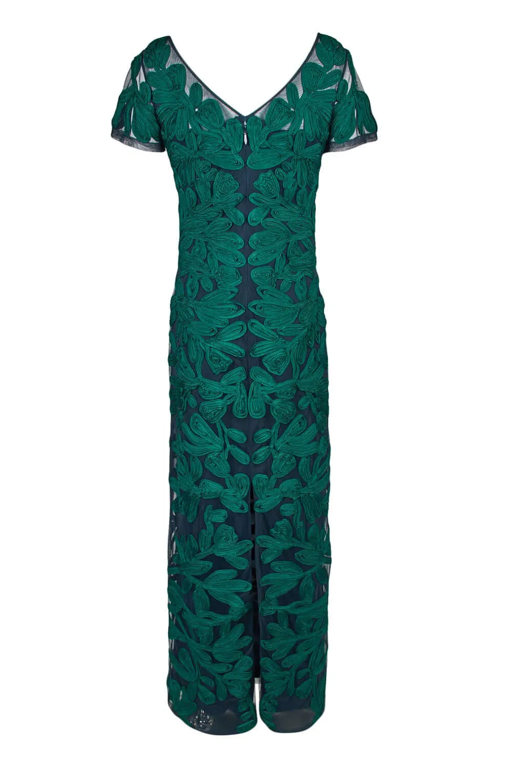 JS Collections Boat Neck Short Sleeve Zipper Slit Back Embellished Soutache Mesh Gown