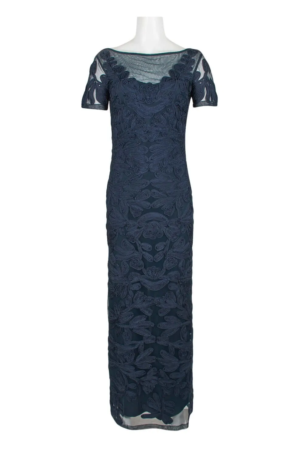 JS Collections Boat Neck Short Sleeve Zipper Slit Back Embellished Soutache Mesh Gown