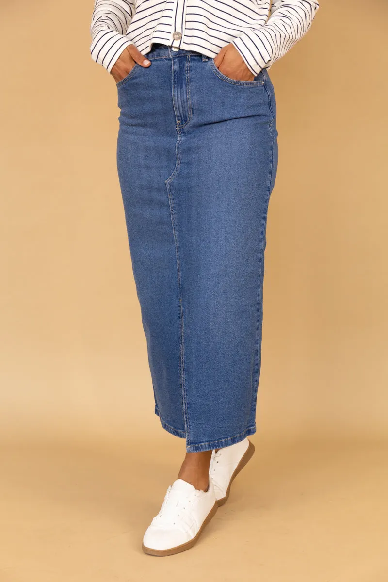 Kath Medium Blue Stretch Denim Midaxi Skirt