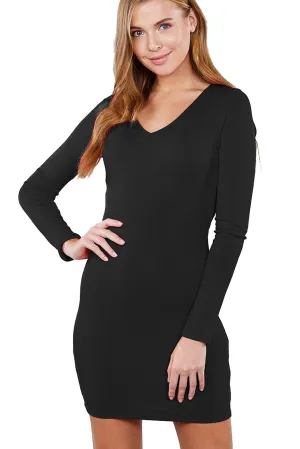 Khanomak Women's Long Sleeve V Neck Knit Fitted Stretch Mini Dress