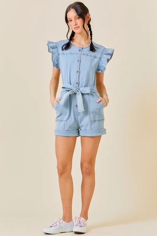 Light Denim Ruffle Sleeve Contrast Stitching Denim Romper