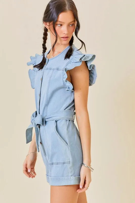 Light Denim Ruffle Sleeve Contrast Stitching Denim Romper