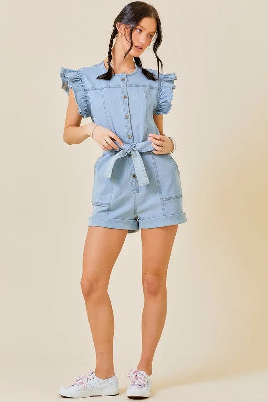 Light Denim Ruffle Sleeve Contrast Stitching Denim Romper