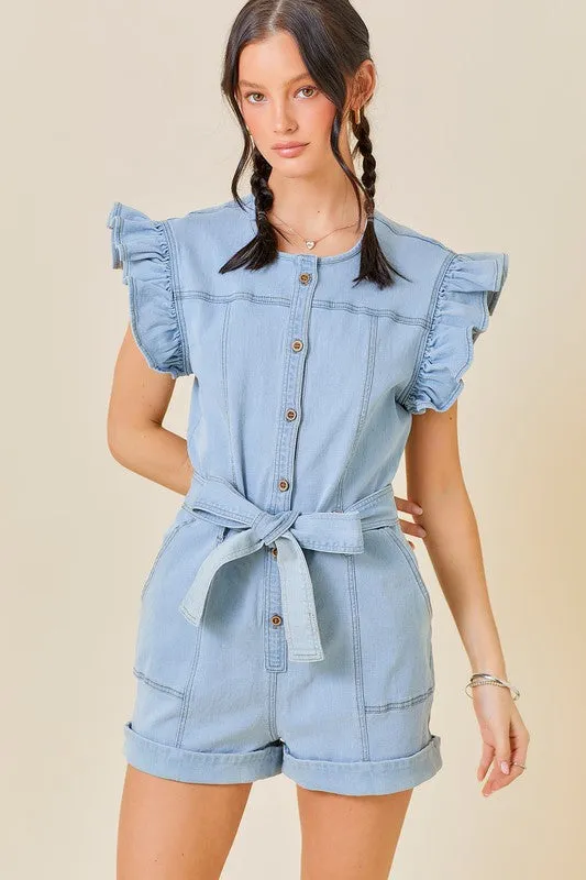 Light Denim Ruffle Sleeve Contrast Stitching Denim Romper