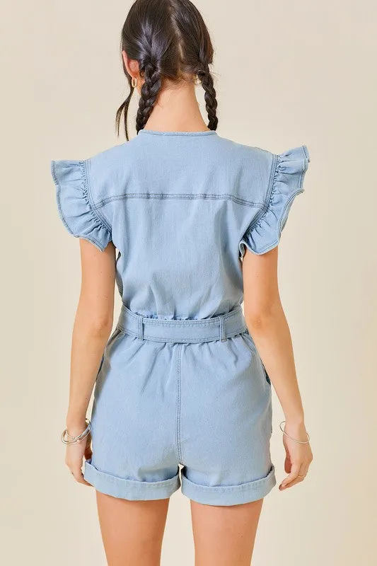 Light Denim Ruffle Sleeve Contrast Stitching Denim Romper
