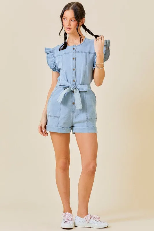 Light Denim Ruffle Sleeve Contrast Stitching Denim Romper