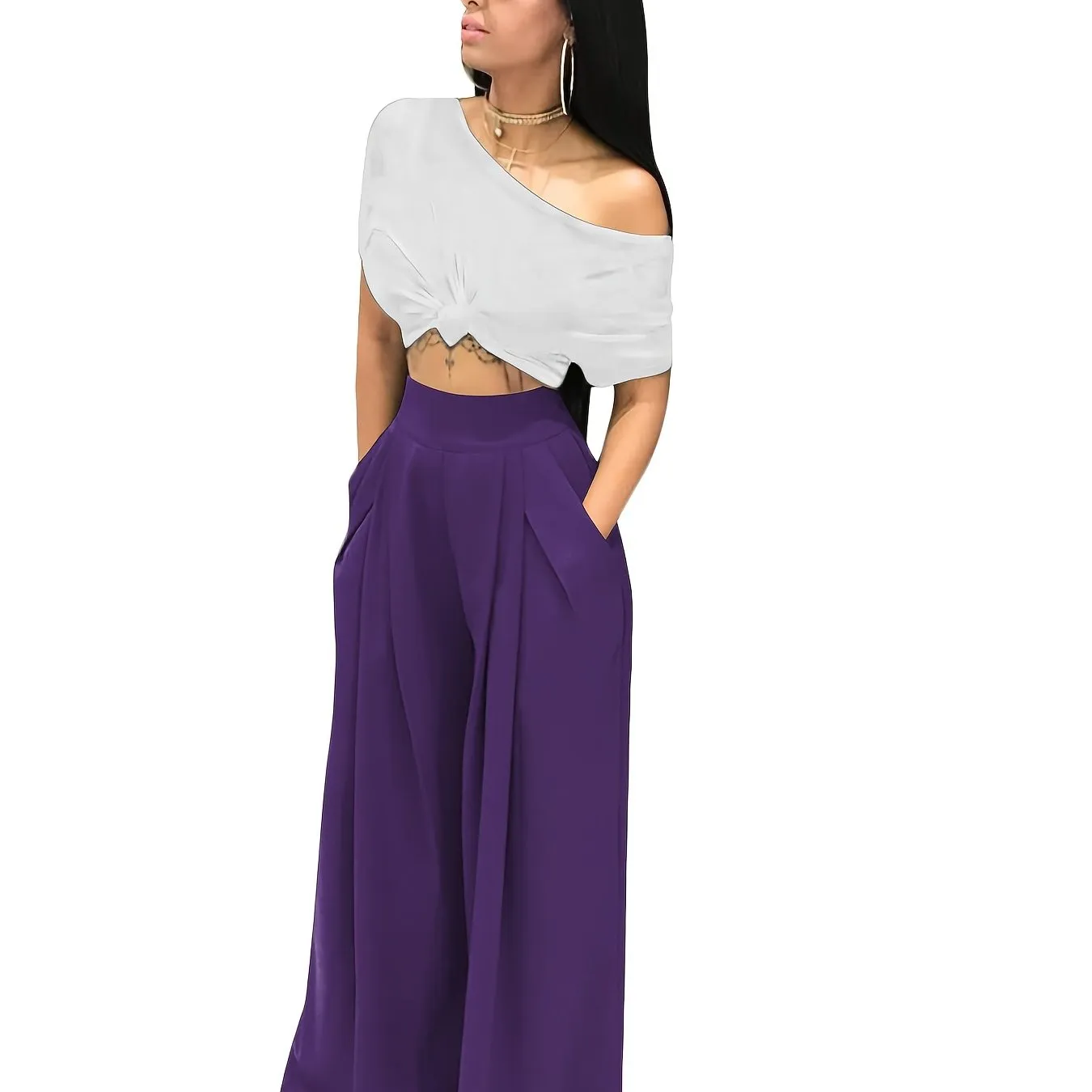 Loose Straight Flare Casual Pocket High Waist Solid Wide Leg Fashion Comfy Pants