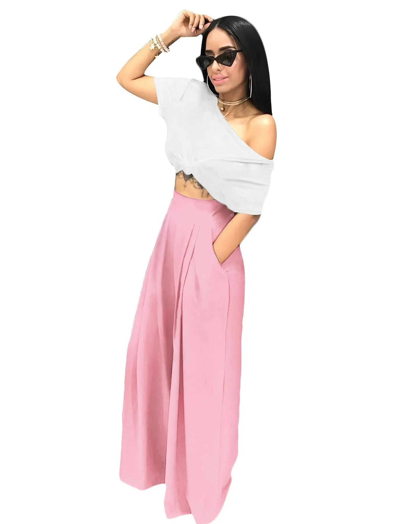 Loose Straight Flare Casual Pocket High Waist Solid Wide Leg Fashion Comfy Pants