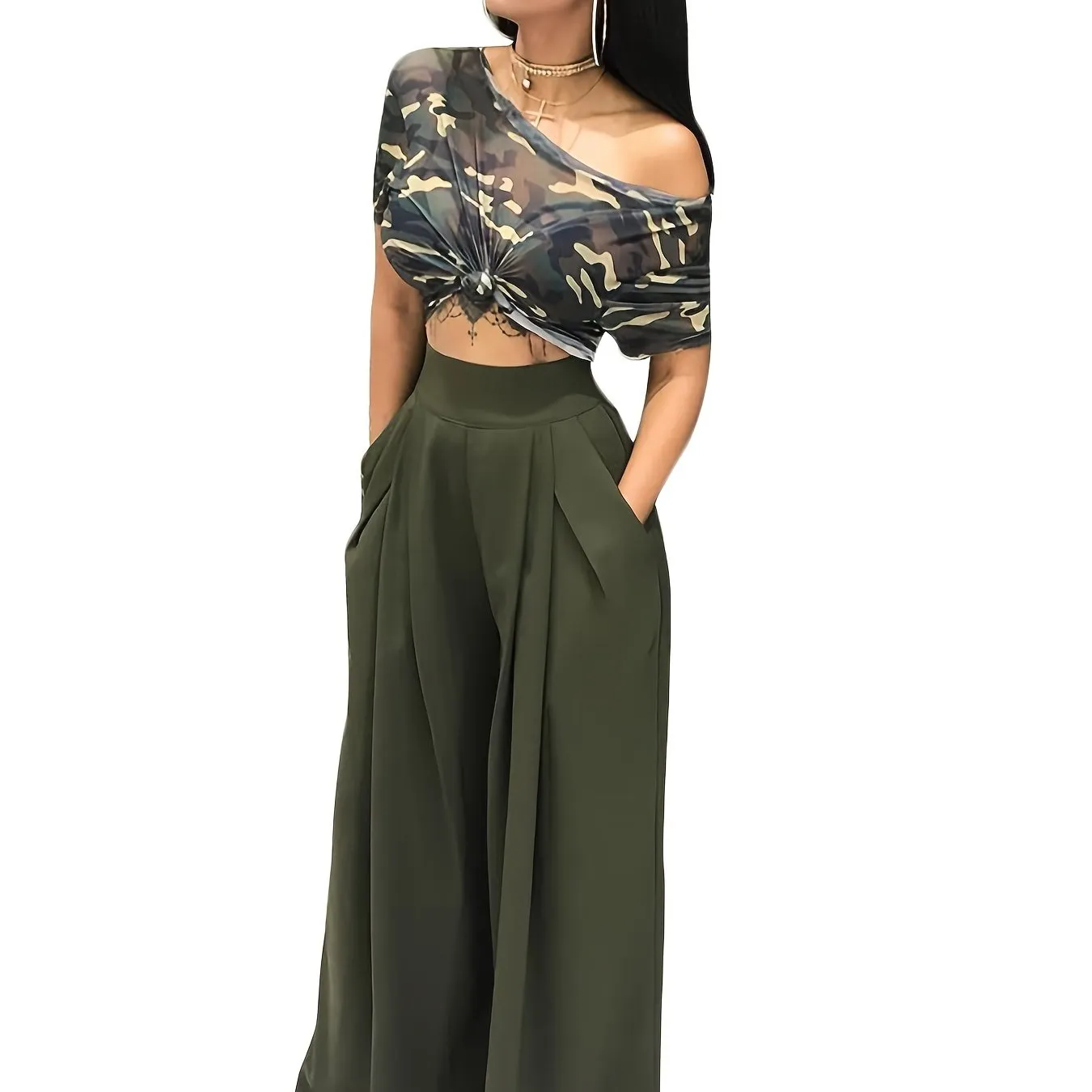 Loose Straight Flare Casual Pocket High Waist Solid Wide Leg Fashion Comfy Pants