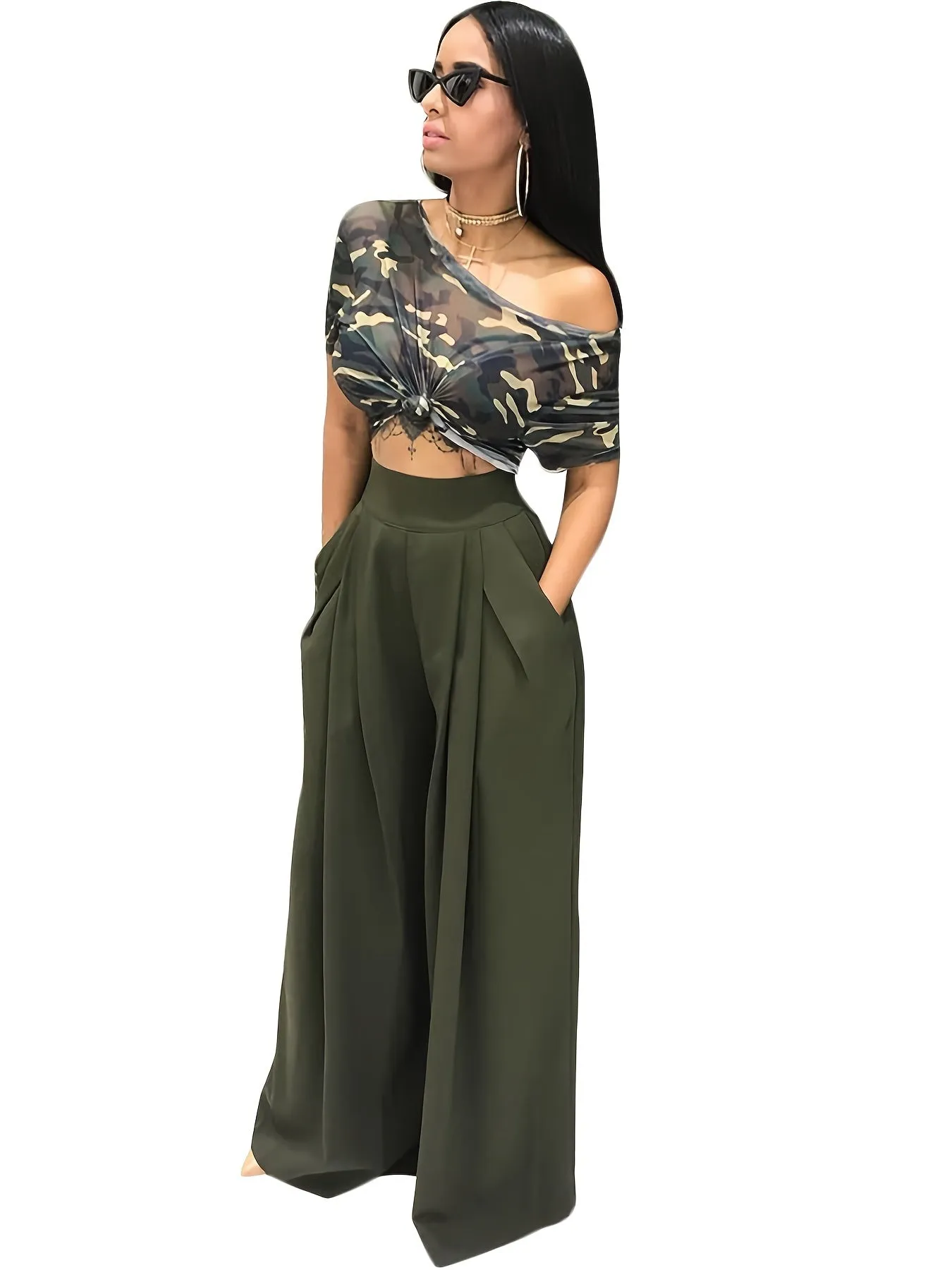 Loose Straight Flare Casual Pocket High Waist Solid Wide Leg Fashion Comfy Pants