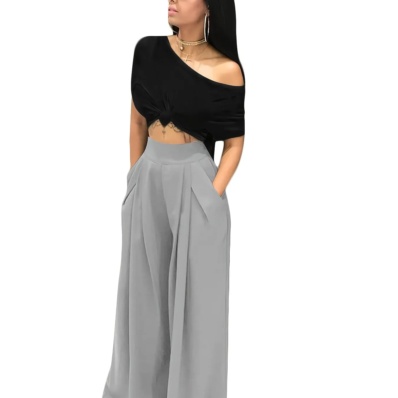 Loose Straight Flare Casual Pocket High Waist Solid Wide Leg Fashion Comfy Pants