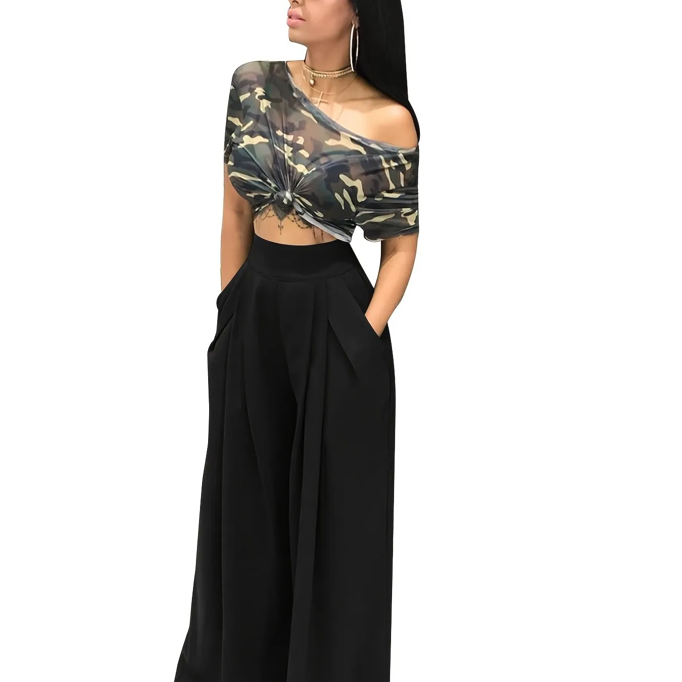 Loose Straight Flare Casual Pocket High Waist Solid Wide Leg Fashion Comfy Pants